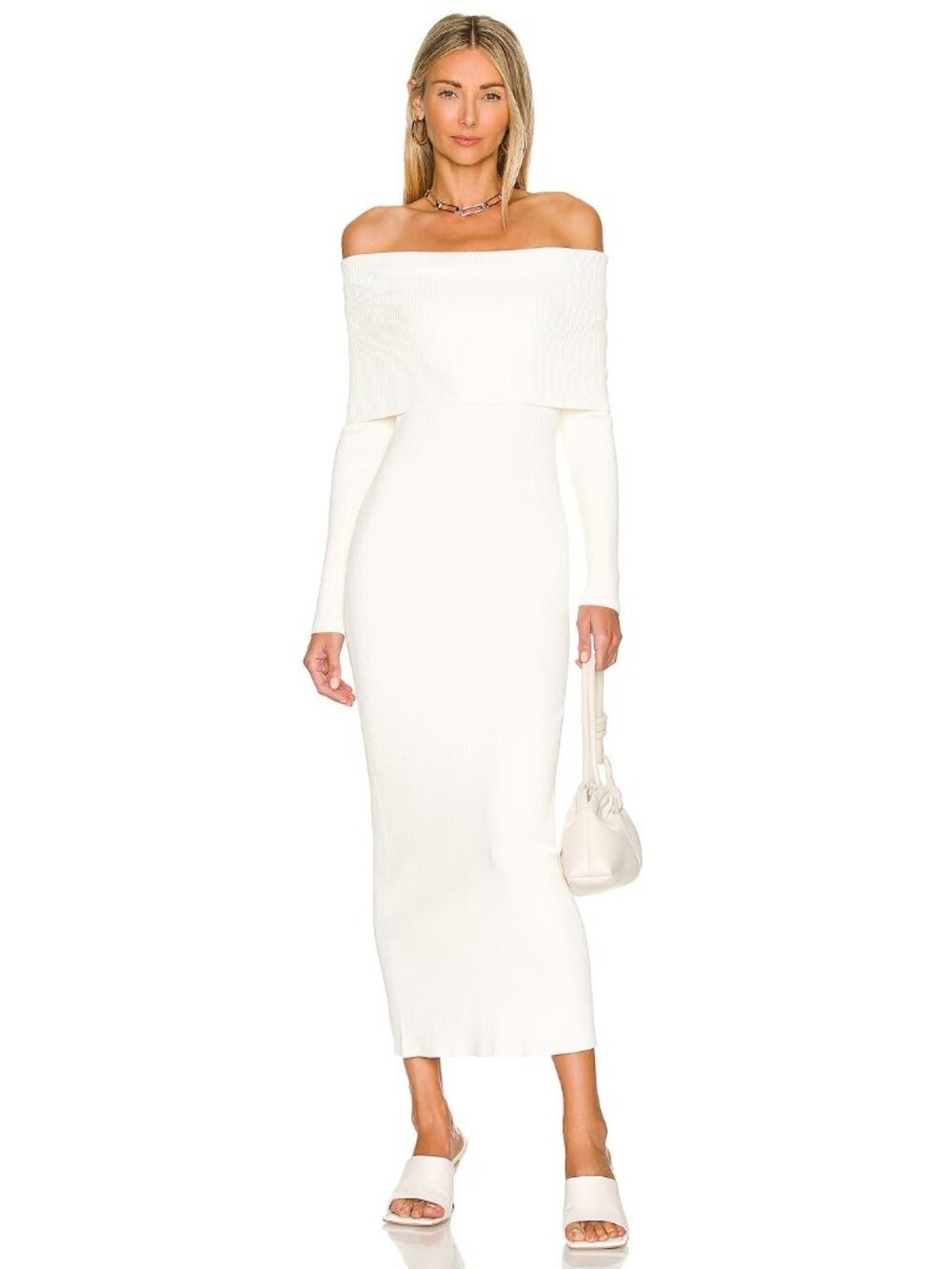 Autumn Cashmere Rib Dress with Cuff Neckline in Cream